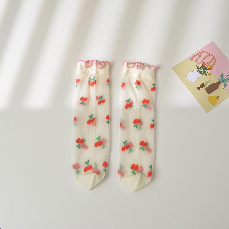 Girls Summer Thin Breathable Socks Ruffled Edge Cartoon Flower Fruit Printing Mid-calf Socks For