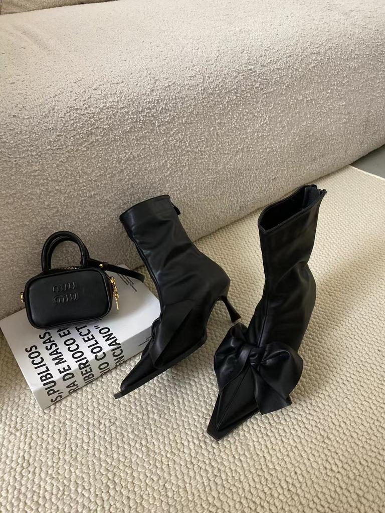fashion Big Cute Bow Women Ankle Boots Black White Women SHort Sock Botas Thin High Heels Back Zipper Winter Autumn Chelsea Boots 35-39