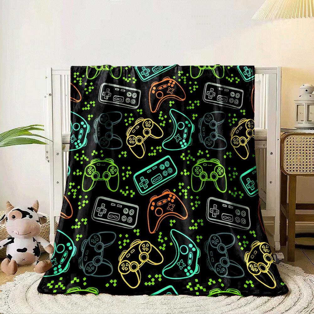 Colorful Video Game Controllers and Pixel-like Shapes On a Black Background. for All Seasons Blanket Lunch Break Throw Gift