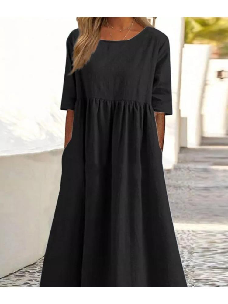 Plus Size Round Neck Solid Pleated Pocket Loose Casual Midi Comfortable Dress S-5XL Lightweight Recognition Elegant with Flattering Chic Dress