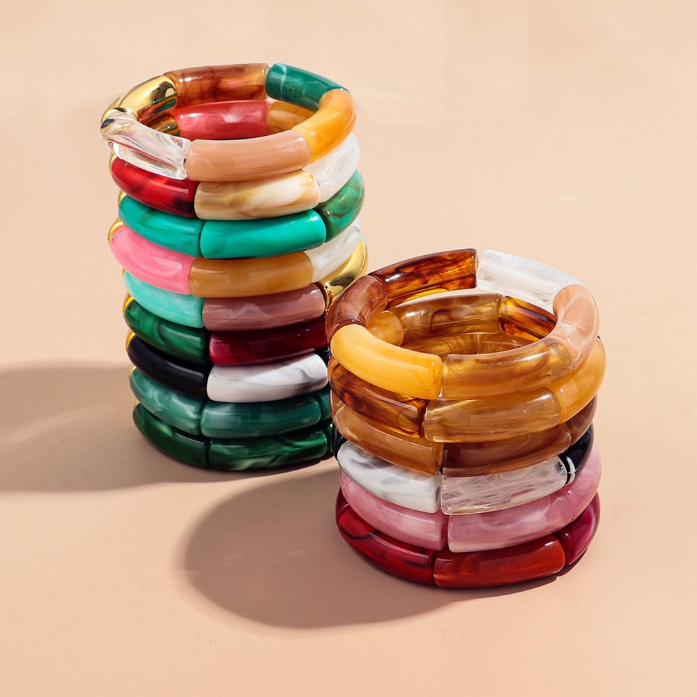 New Colorful Big Bamboo Tube Beads Acrylic Bracelets Bangle for Women Men Boho Stretch Curved Resin Bracelet Stack Jewelry Gifts