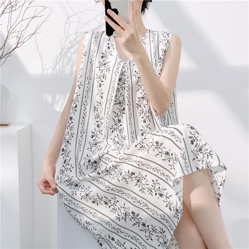 Cotton and silk sleeveless nightdress women's summer thin floral new super good-looking dress medium and long small fresh loungewear