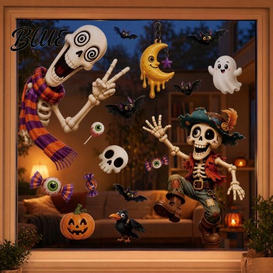 Non-adhesive Halloween Stickers 2 Sheets Window Clings Cartoon Skeleton Static Stickers Funny PVC Electrostatic Ghosts Bats Pumpkins for Glass Doors