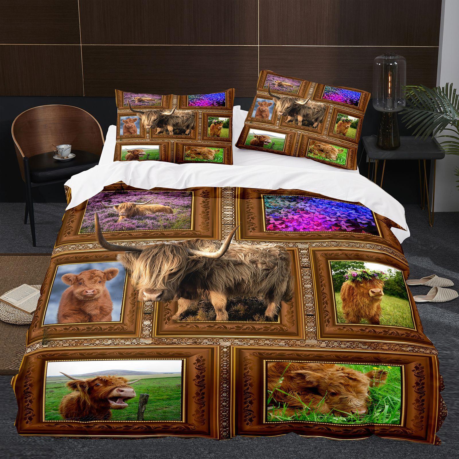 

3D комплект постельного белья серии Highland Cow с животным принтом, пододеяльник и наволочка, AU/US/UK/DE, полноразмерный быстросохнущий домашний декор AU Single 140x210cm