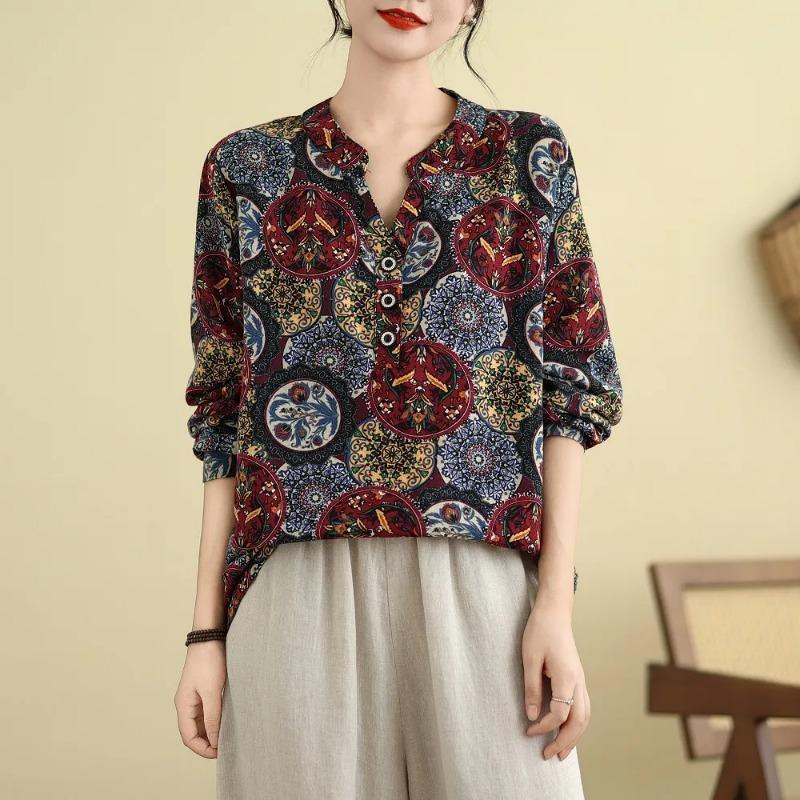 Chinese Style Literary Retro Cotton and Linen Long-sleeved T-shirt Tops for Women's Spring and Autumn New Loose Bottoming Shirts