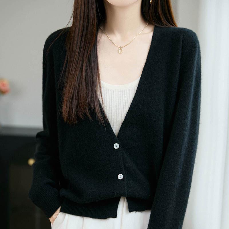 Women's 100% Wool V-Neck Cardigan Sweater - Solid Color, Long Sleeve, Short Jacket for Autumn/Winter