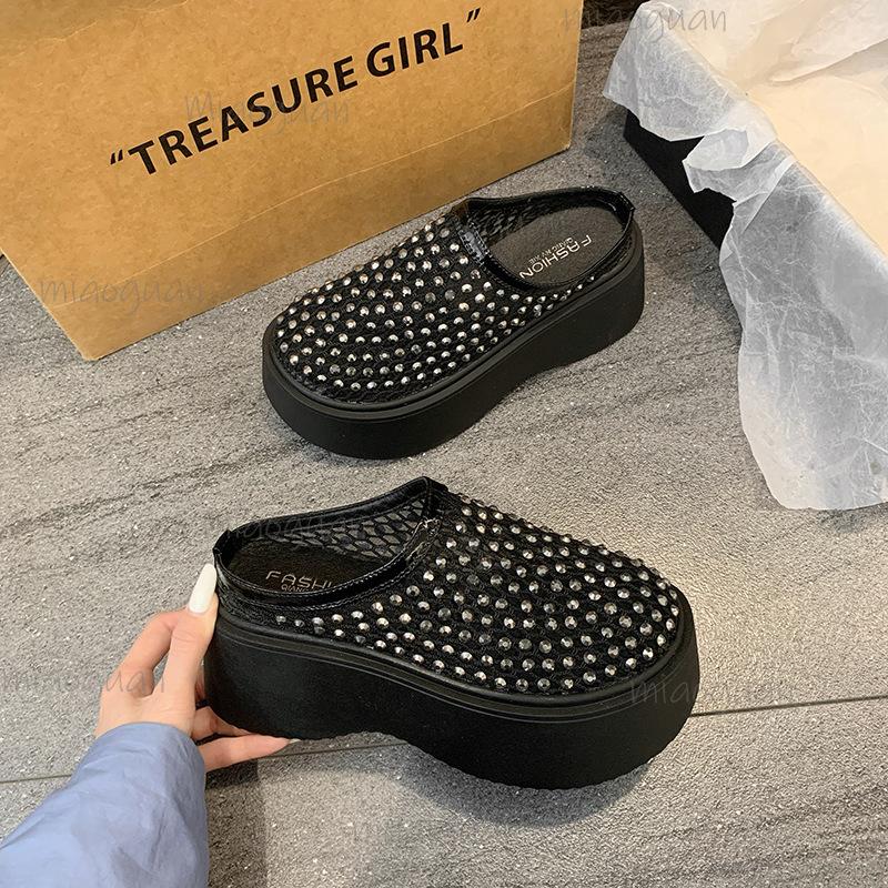 Crystal Mules Platform Shoes Woman's Mesh Slippers Casual Flat Sandals Summer 2025 Trend Dress Comfort Wedges Sandalias Size 35