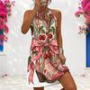 Women Plus Size Criss Cross Cutout Halter Neck Sleeveless Fitted Christmas Printed Dress