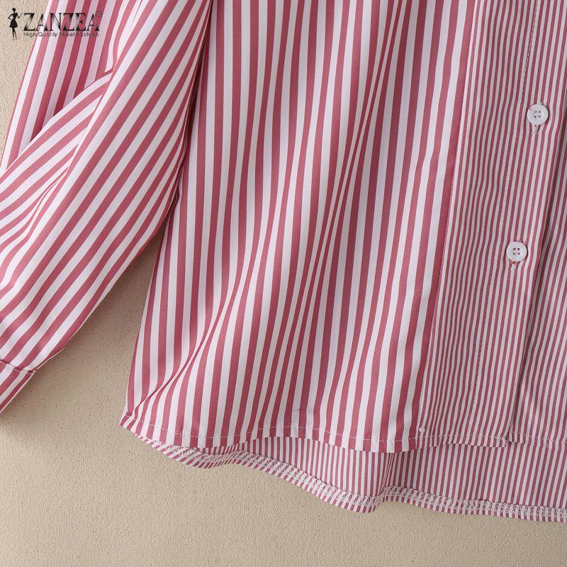 ZANZEA Women Casual Turn Down Collar Long Sleeve Loose Stripe Blouse