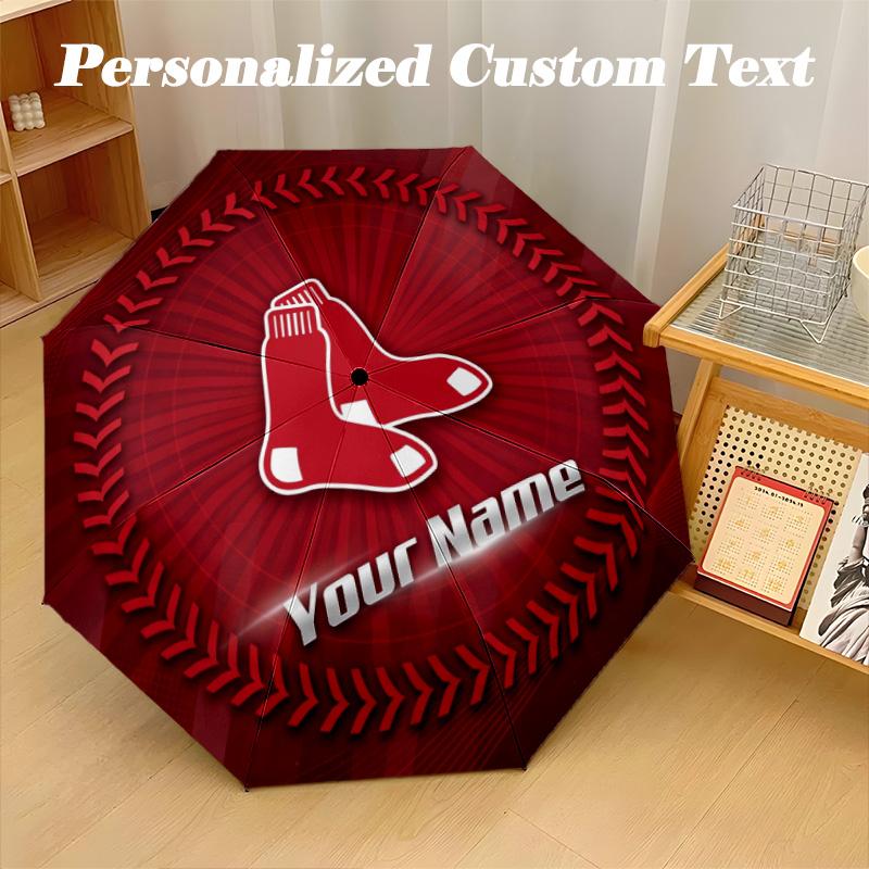 Boston Red Sox Automatic 8‑ribs Umbrella, Custom Name Text Personalized Folding Umbrella Rain Sun Gift