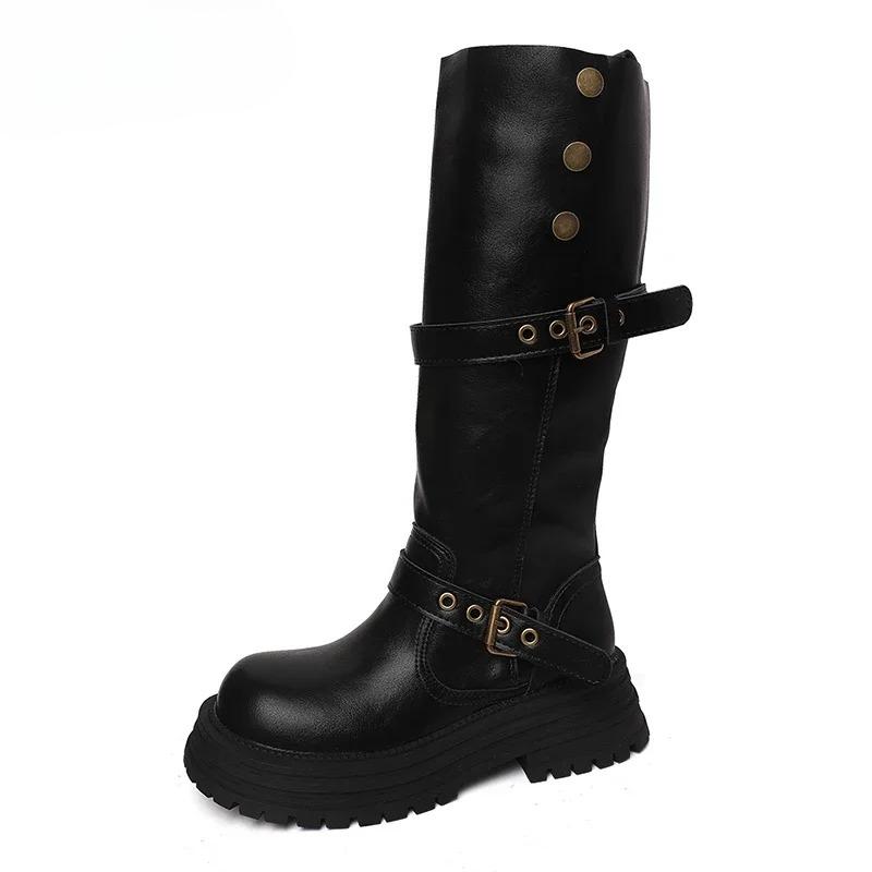 Winter Platform Women Thigh High Boots Fashion Belt Buckle Long Booties Vintage Square Low Heels Ladies Shoes