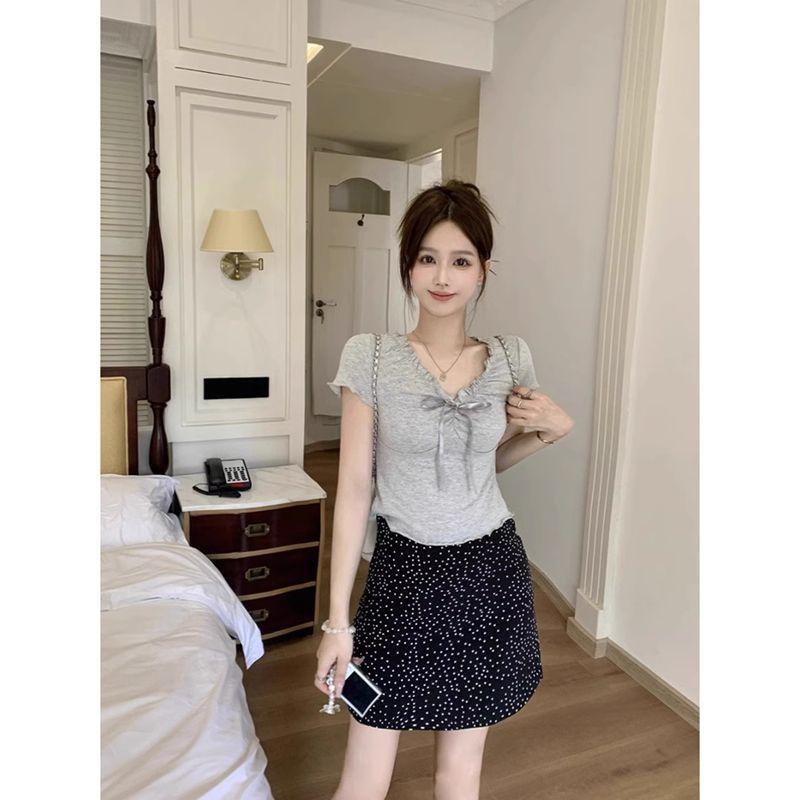 Pure Desire Style Niche Sexy Bow Lace Short-sleeved T-shirt New Slim and Thin Spice Girl Top Ins Women