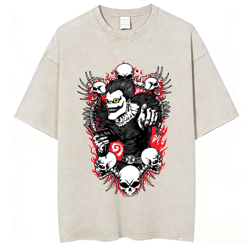 Anime Death Note Ryuk Yagami Light Vintage gewaschenes T-Shirt Herrenbekleidung Baumwoll-T-Shirt Mode Kurzarm-T-Shirts Streetwear