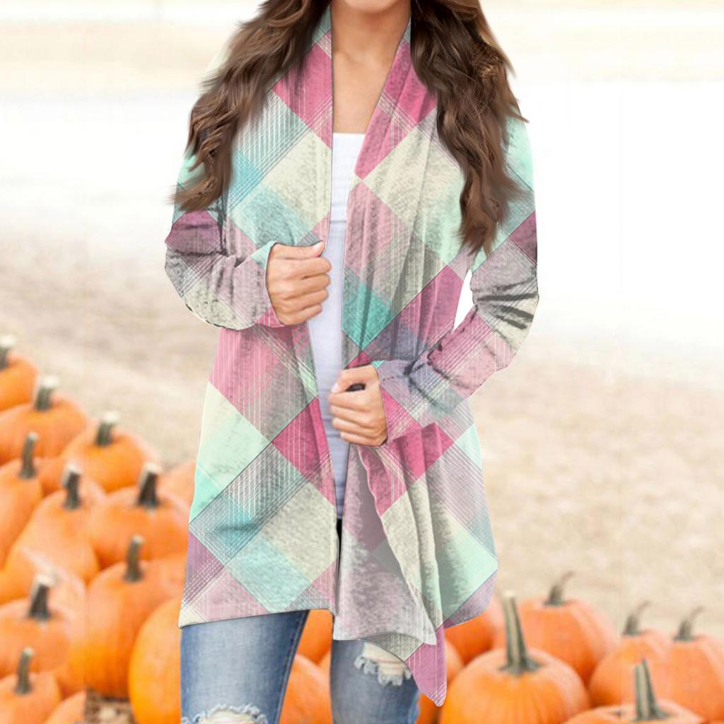 Damska codzienna moda w kratę, kardiganowa kurtka z półotwartym kołnierzykiem, średniej długości, z nieregularnym dołem