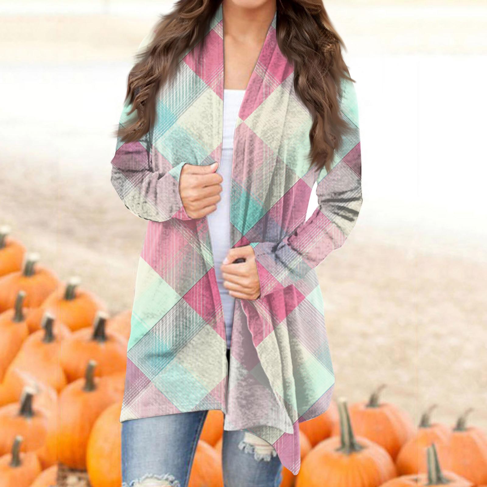 

Women s Casual Fashion Plaid Print Half-open Collar Mid-length Irregular Hem Cardigan Jacket XL