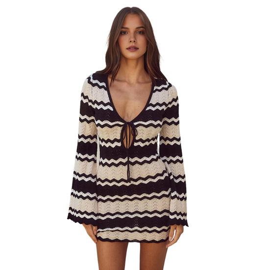 Women's Swimwear Cover-Up Striped Crochet Hollow Out Mesh Beach Dress V-Neck Tie Front Long Sleeve Summer Bathing Suit for Beach Vacation