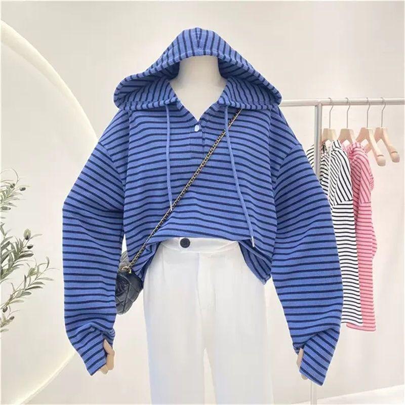 

Женская толстовка с капюшоном, тонкая, свободного кроя, большого размера, модная полосатая куртка, спортивный кардиган L синий