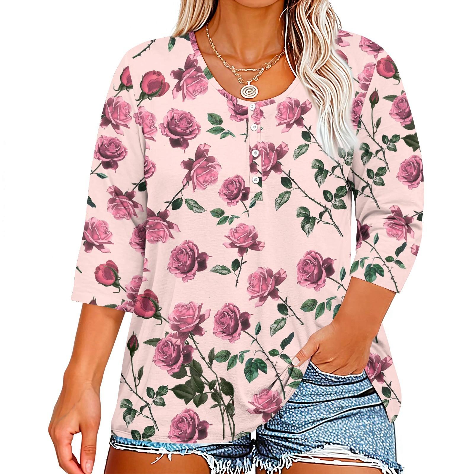 

Рубашки с рукавом 3/4 для женщин, футболки с рисунком и пуговицами, блузки с v-образным вырезом, повседневные базовые топы больших размеров, пуловеры XL