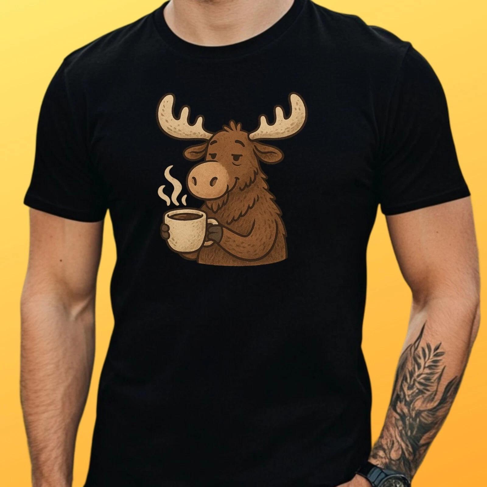 T-Shirt Herren Elch trinkt Kaffee Motiv Baumwolle Größe S bis 5XL XL