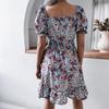 Floral Square Neck Dress with Waist Ruffle Balloon Sleeves Chic Summer