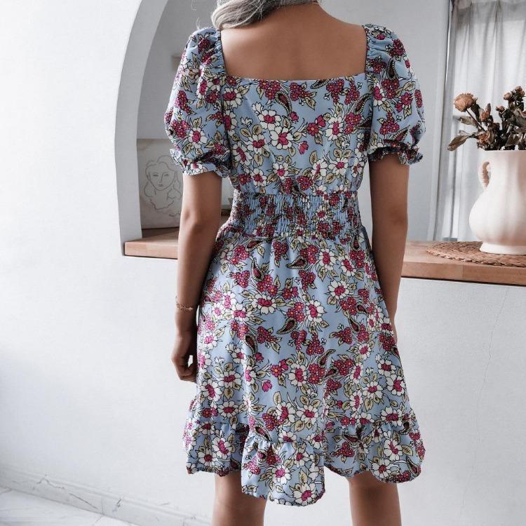 Floral Square Neck Dress with Waist Ruffle Balloon Sleeves Chic Summer