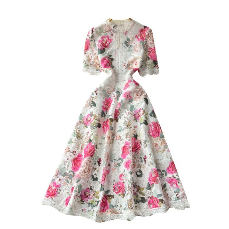 Classy Women's Clothing 2024 Summer New Arrival French Elegant Retro Lace Patchwork Printed Waist-Controlled Elegant Dress Dress