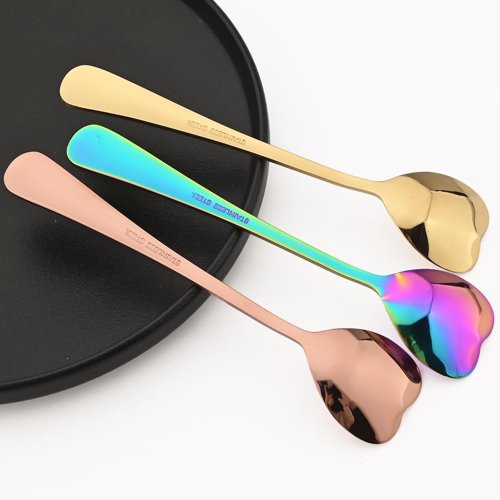 Heart Shaped Coffee Spoons Set of 4,Stainless Steel Teaspoons,Engraved Dessert Spoon for Coffee Tea Ice Cream Yogurt,Multi‑Color Gift Spoons