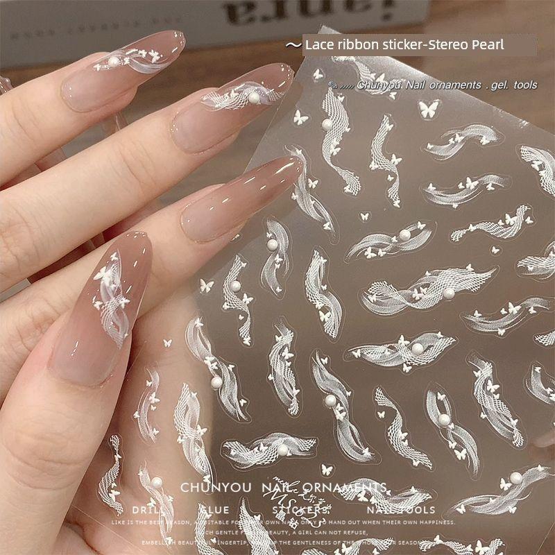 

New Arrival Pearl Lace Strap Embossed Nail Stickers Three-Dimensional Bright Crystal Fairy Gentle Nail Decals Decorations 1 Pearl Lace ribbon sticker