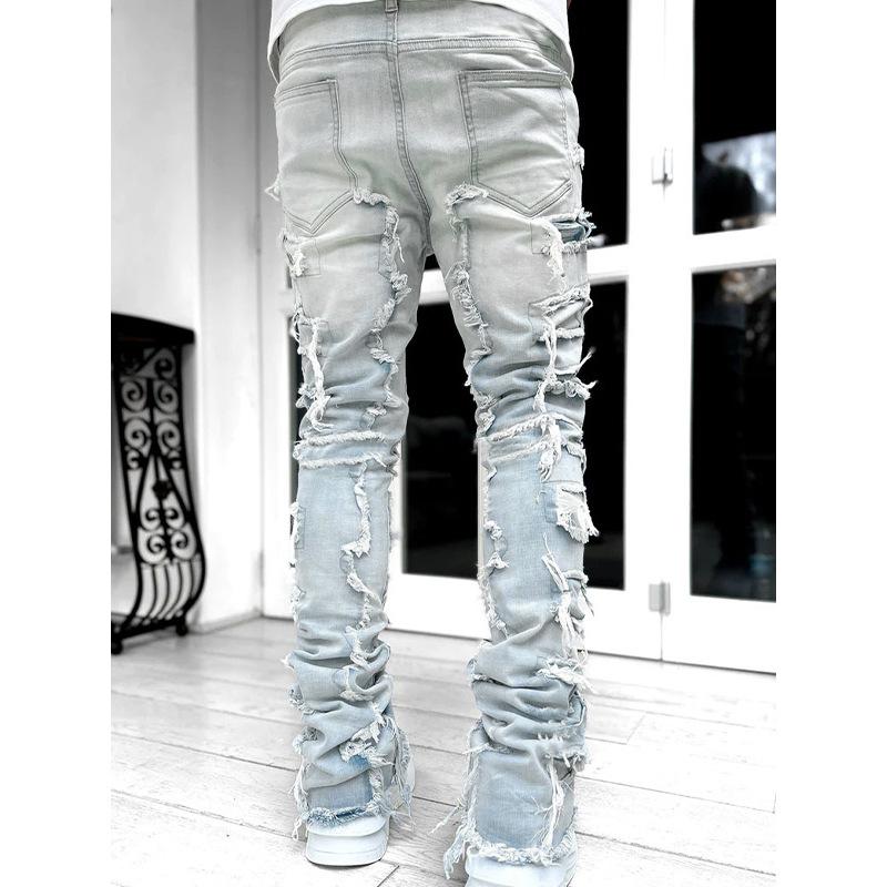 Men's Regular Fit Stacked Jeans Ripped Slim Fit Patch Distressed Destroyed Straight Denim Pants Hip Hop Streetwear Trouser