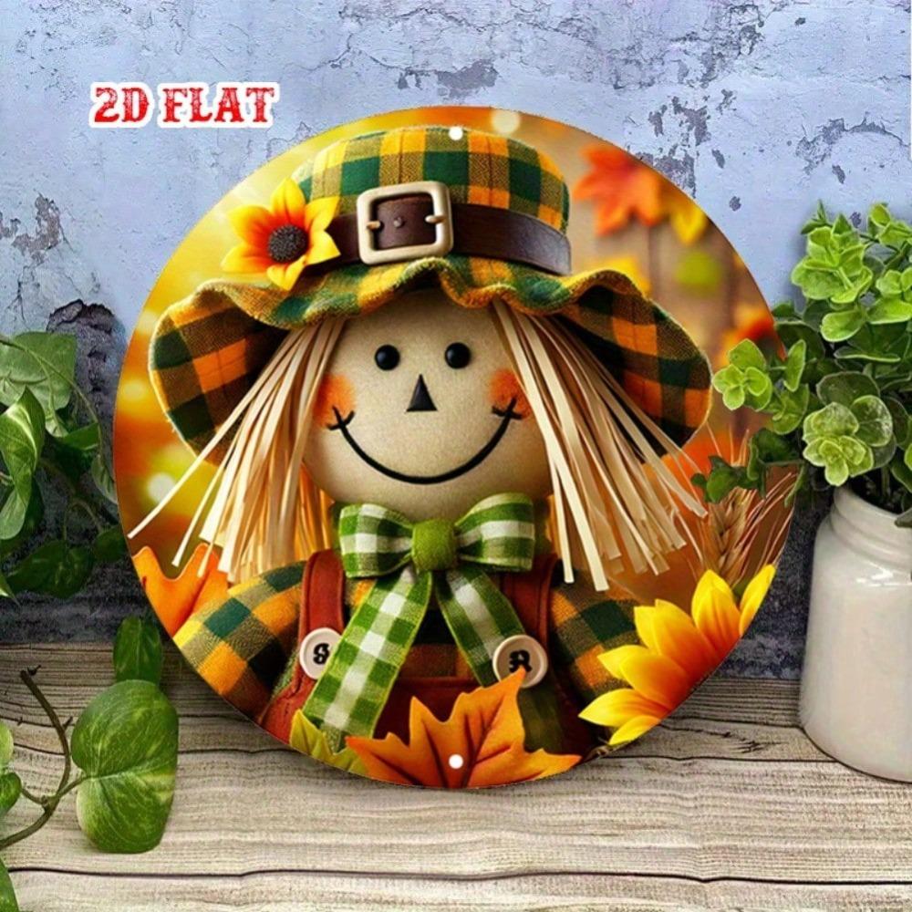 Scarecrow Metal Wall Art Rustic Farmhouse Autumn Decor with Sunflowers Plaid Hat Round Aluminum Sign Home Cafe Garage Thanksgiving Gift
