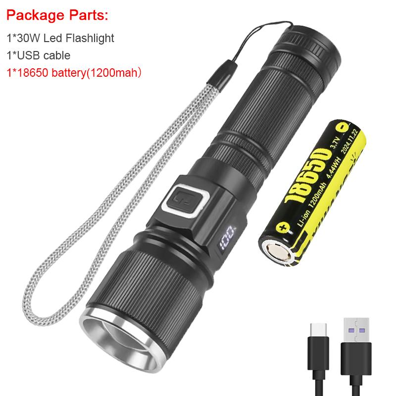 30W High-Power LED Tactical Flashlight with LCD Power Display Zoom Aluminum Alloy Rechargeable Emergency Torch Spotlight