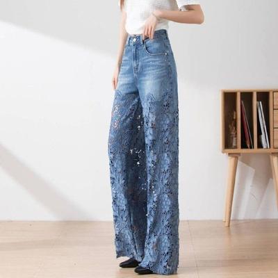 Mode Elegante Jeans Für Frauen Hohe Taille Spitze Patchwork Pantalones Aushöhlen Denim Hosen Beiläufige Lose Alle Spiel Hosen
