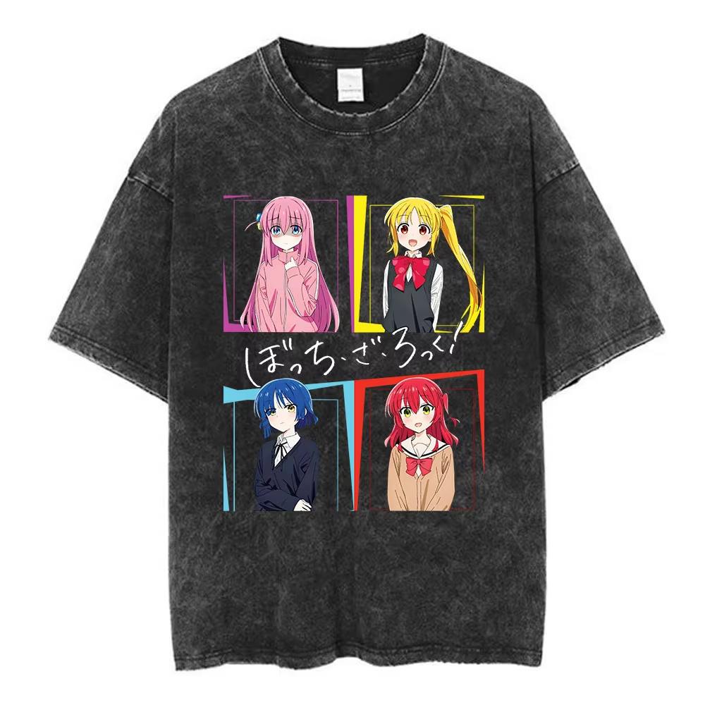 Vintage Gewaschenes Locker geschnittenes Hip Hop Streetwear T-Shirt für Herren & Damen, Anime Bocchi The Rock Hitori Gotoh Grafikdruck