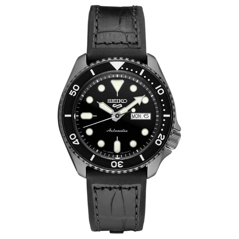 

SEIKO seiko5 100 meters waterproof automatic/manual mechanical movement leather strap 42.5mm men s watch black dial SRPE25