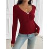 Spring Autumn Slim Fit V-neck Knitted T-shirt Women Buttons Long Sleeved Shirt Solid Color Simple Office Tops Elegant Fashion Casual Women's Clothing