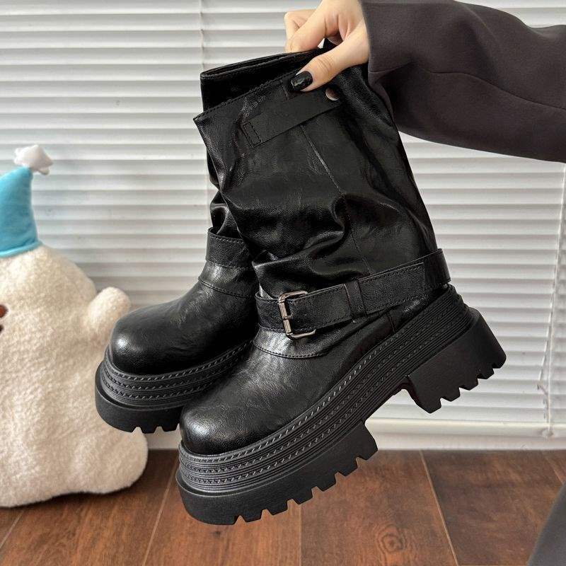 Thick-soled Maillard medium tube short boots for women 2025 new British style retro fashion pleated Martin boots autumn women