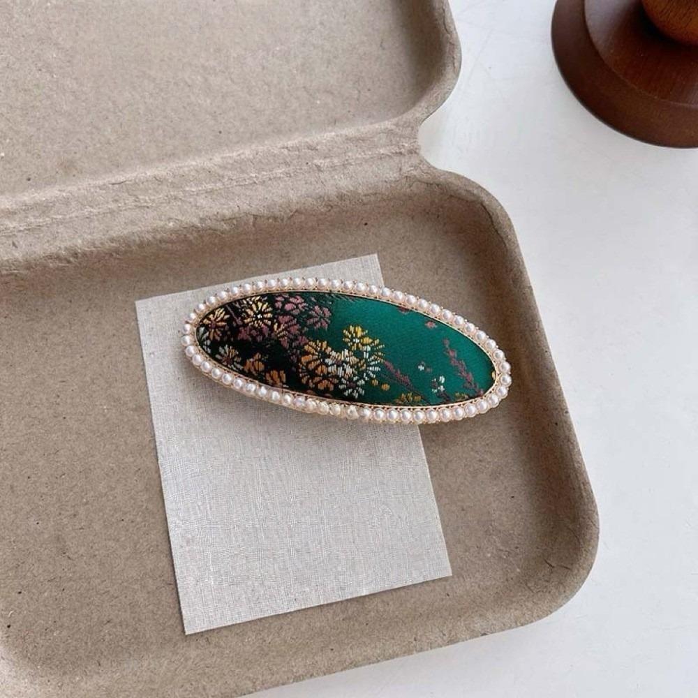 

Gold Silk Fabric Songzhen Hair Clip Chinese Style Silk Hair Clip Elegant Pearl Inlay Hairpin Girls Style B Green