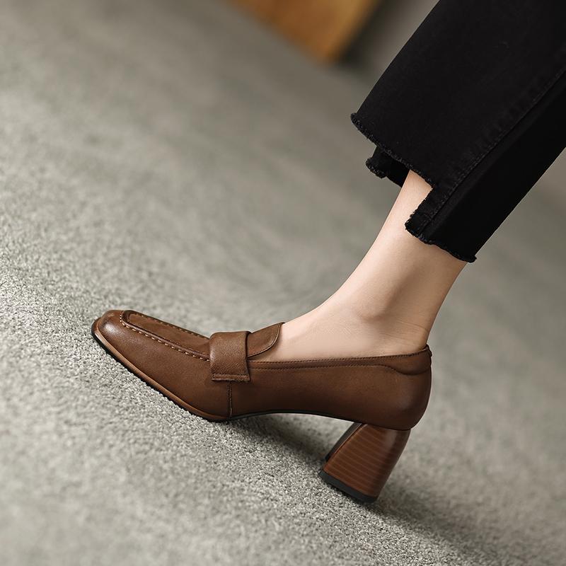 Fashion New Spring/Autumn Women Shoes Square Toe High Heels Sheep Skin Chunky Heel Pumps for Women Slip-on Solid Colors Shoes for Women