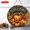 Welcome Pumpkin Fall Round Wooden Hanging Sign, Autumn Door Wall Decor