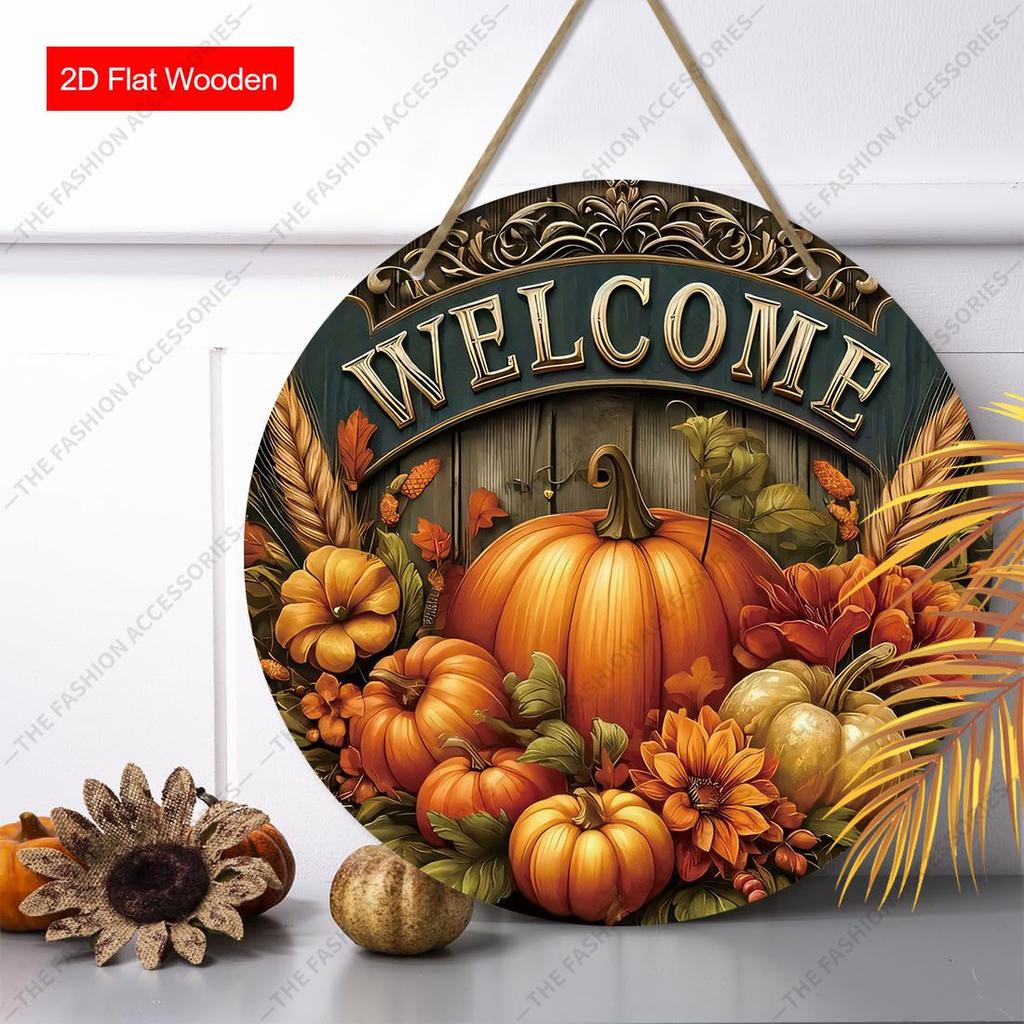 Welcome Pumpkin Fall Round Wooden Hanging Sign, Autumn Door Wall Decor