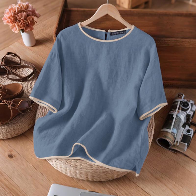 

ZANZEA Женская повседневная летняя блузка с коротким рукавом и круглым вырезом 5XL тёмно-синий