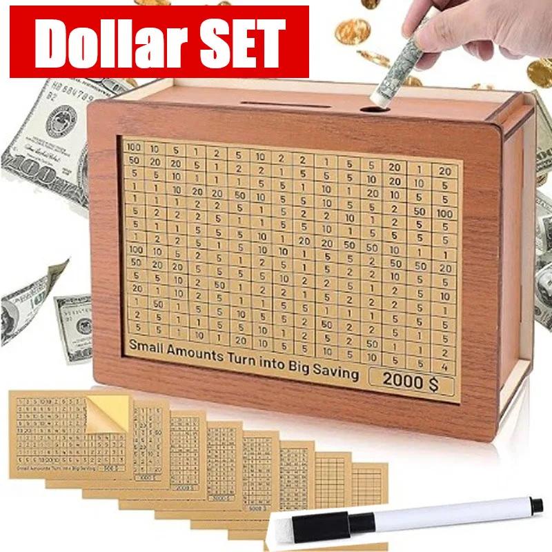 Euro Dollar Saving Money Box Handmade Wooden Cash Vault Piggy Bank with Money Goals Numbers for Kids Adults Gifts