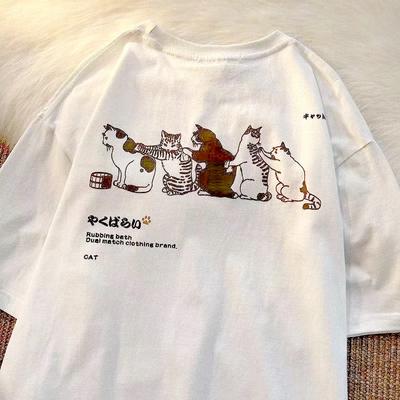 Camiseta Mujer Fresca Pareja Y2k Harajuku Dibujos Animados Gato Lindo Estampado Cuello Redondo Manga Corta Tallas Grandes Tops Ropa Estética Mujer