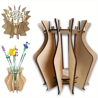 1 Stück 3D Holzpuzzle Blumenstrauß Vase, Kunstblumen Baustein Set Ausstellungsständer, Rutschfeste Basis, DIY Holzbastel Hobbyset Heimdekoration.