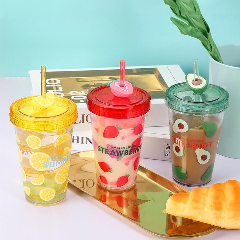 480ml Fruit Patterned Plastic Cup With Straw Transparent Juice Beverage Water Bottle for Drinking Ice Water Coffee Portable Mug