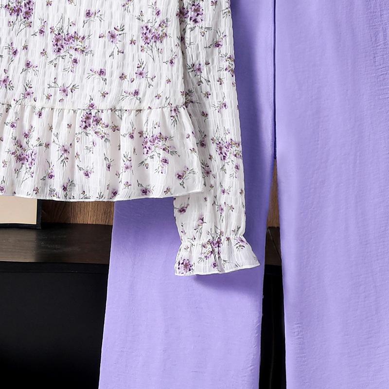 Girls' Outfit Children's Clothing New Autumn French Pastoral Floral Long Sleeve Top Casual Solid Color Long Pants