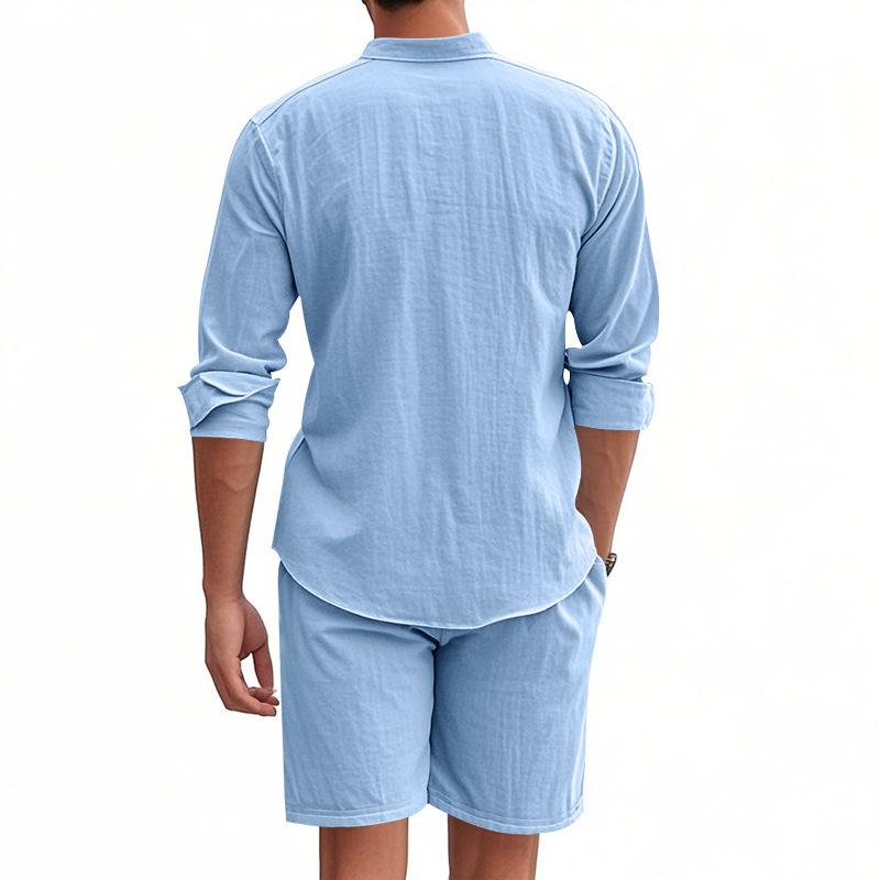 Cotton Linen Breathable Soft Shirt & Shorts Men's Suit Beach Holiday Men's Cotton Linen Long Sleeve Shirt Two-piece Sets