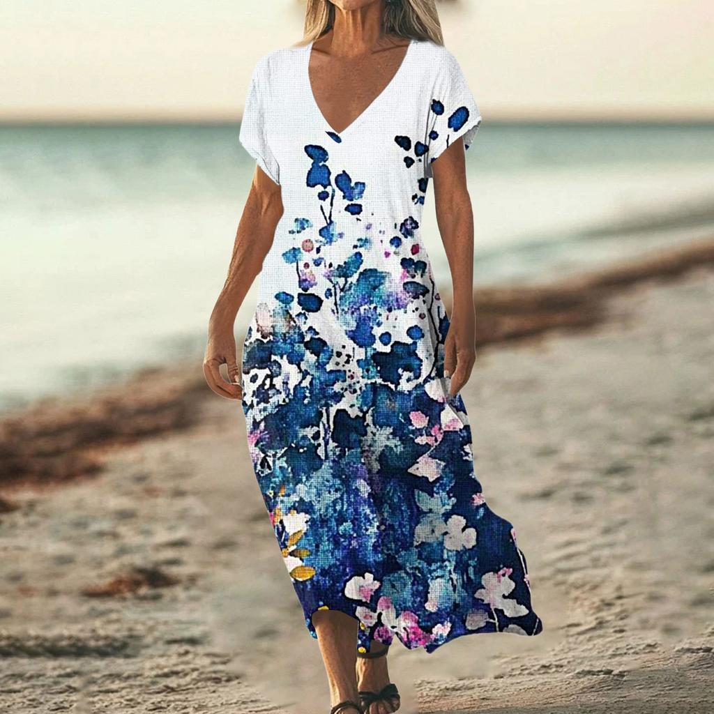 Fashion Women's Summer V-neck Short Sleeve Cotton And Linen Vintage Floral Print Beach Dress