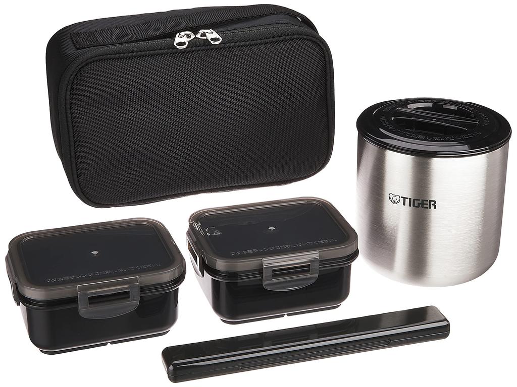 Tiger Thermos (TIGER) Stainless Steel Thermos Insulated Lunch Box, Holds Approximately 2.3 Cups of Rice, Includes Pouch, Black, LWY-E461-K