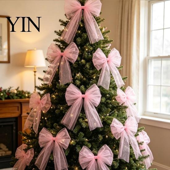 Elegant Ribbon Bows for Party Decor Tulle Bow Christmas Tree Decoration, Pre-tied Gauze Mesh Transparent Floral Arrangements Xmas Tree, Wreath,